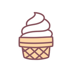 Cute ice-cream icon. Hand drawn illustration of a waffle cup with ice cream isolated on a white background. Kawaii sticker. Vector 10 EPS.