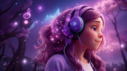 Young girl listening to music with her headphones in a  dreamy fantasy atmosphere under the stars