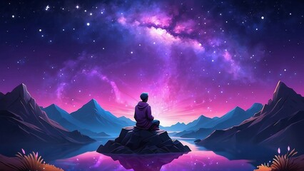 Fantasy scene with silhouette of man meditating in the dreamy landscape with mountains and starry cosmic sky, horizontal illustration