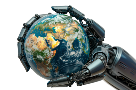 Earth globe supported by robotic arms, white background, environmental protection