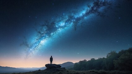 Fantasy scene with silhouette of man standing in the dreamy landscape with mountains and starry cosmic sky, horizontal illustration