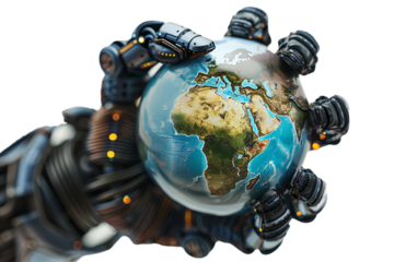 Earth globe supported by robotic arms, white background, environmental protection