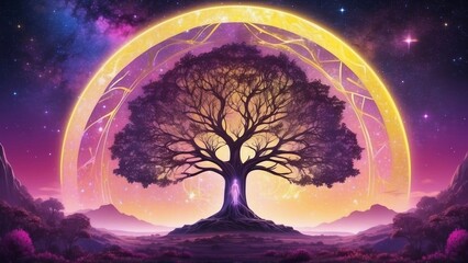 Beautiful fantasy landscape with purple tree of life with a light silhouette inside and shining portal with sacred symbols behind
