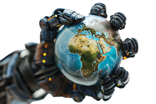 Earth globe supported by robotic arms, white background, environmental protection