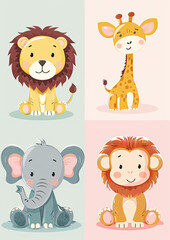 Fototapeta premium Cute Cartoon Safari Animals with Flowers