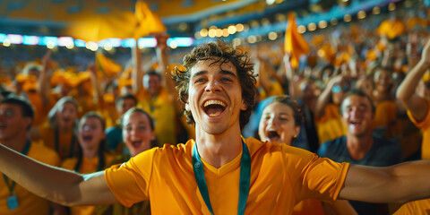 Excited joyful Australian sports fans cheering at the stadium, vibrant crowd during an afternoon match, emotional support for their team from the country of 	Australia