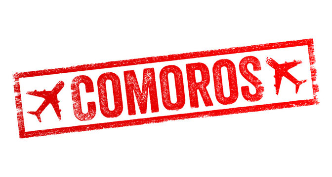 Comoros is a volcanic archipelago off Africa&rsquo;s east coast, in the warm Indian Ocean waters of the Mozambique Channel, text emblem stamp with airplane