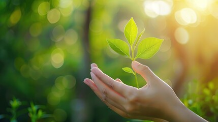 hand holding young plant on blur green nature background. concept eco earth day. Generative Ai