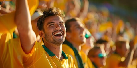 Excited joyful Australian sports fans cheering at the stadium, vibrant crowd during an afternoon match, emotional support for their team from the country of Australia