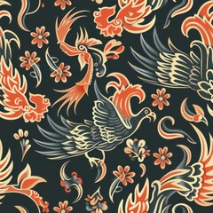 Fototapeta premium a image of a pattern of birds and flowers on a black background