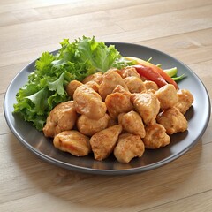 Chicken pieces plate served salad fries healthy diet sauce appetizing presentation
