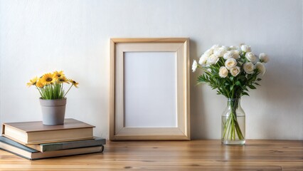 there is a picture frame on a table with a book and flowers, on a white table, poster composition, fotografia, minimalistic composition, poster background, on wooden table, wooden desks with books,