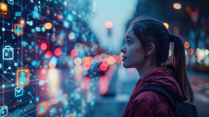 Against a backdrop of social media icons, the marketer's expression captures the essence of digital connectivity and engagement.