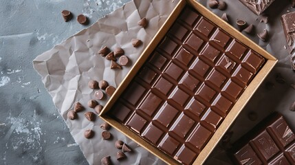 Chocolate bar in a box on table 