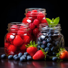 Fresh strawberries, raspberries, blueberries in jars