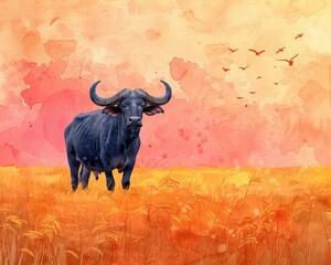A water buffalo standing majestically in the middle of a golden rice field at sunset, with the sky painted in shades of pink and orange Watercolor, Warm tones and soft gradients, Gentle brushstrokes
