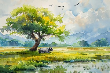 A picturesque scene of a water buffalo resting under a large tree, with vibrant rice paddies stretching out behind it, Watercolor, Bright greens and warm earth tones, Soft details