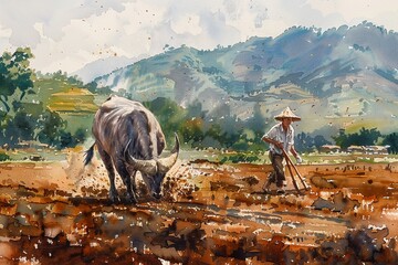 A hardworking water buffalo plowing a field, with a farmer guiding it through the rich, brown soil, set against a backdrop of verdant hills and a clear sky Watercolor, Lively brushstrokes
