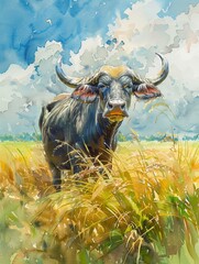 A majestic water buffalo standing in a lush, green paddy field, with golden rice plants swaying gently in the breeze under a bright blue sky Watercolor, Earth tones and vibrant greens