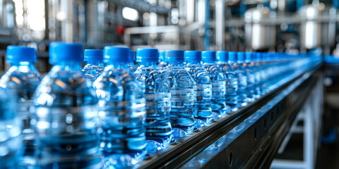 Bottles of water on a conveyor belt in a modern bottling plant with advanced machinery and bright industrial lighting, showcasing efficient production