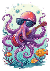 Obraz premium Cartoon Octopus Playing Guitar Underwater