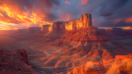 Naklejka premium A nature badland during sunset, the sky ablaze with colors, and the rock formations casting long shadows