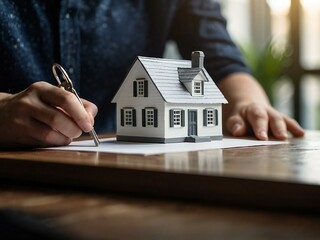 Man's hand holds ket to the new house on the table | real state