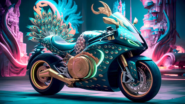 sci fi motorcycle designed with the idea of peacock riding by beautiful god Muruga, Fantasy