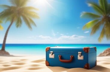 Fototapeta premium Suitcase on the sand against the background of the ocean.