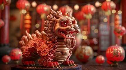 A scene of Chinese traditional lion dance performance during the Lantern Festival