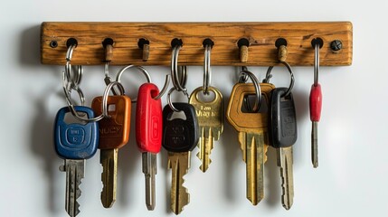 Diverse collection of keys hanging on a wooden key rack. Concept of organization, security, home utilities, key holder, car keys