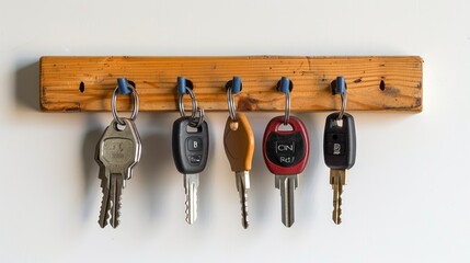 Diverse collection of keys hanging on a wooden key rack. Concept of organization, security, home utilities, key holder, car keys