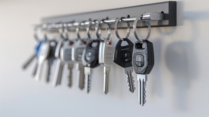 Close-up view of various car keys hanging on a key holder. Metal and plastic keys in focus. Concept of security, automotive, key holder organization, equipment