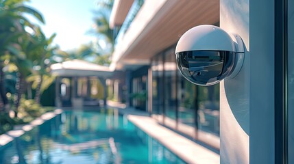 Modern security camera on a wall overlooking a luxury poolside setting. Concept of home security, surveillance, luxury property, smart home technology