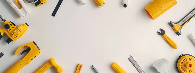 Various construction tools on a white background. Concept of building, repair work, engineering, craftsmanship, hand tools. Top view. Copy space