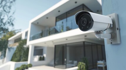 Security camera mounted on the wall of a modern house. Concept of home security, surveillance technology, safe living environment, smart home solutions