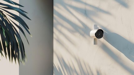 Minimalist outdoor security camera mounted on a white wall with plant shadows. Concept of home security, surveillance, modern technology, smart living