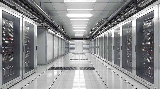 Modern data center with rows of server racks