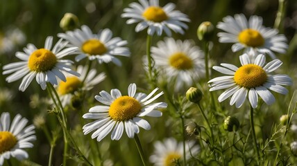 close-up view of chamomile flowers with their white petals and yellow centers bathed in sunlight
