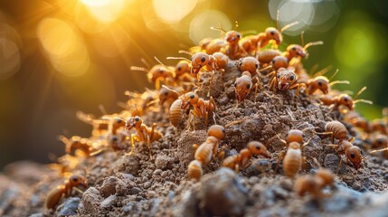 Close-up of a bustling ant colony under sunlight, showcasing teamwork and community in nature. Ideal for nature and wildlife themes.