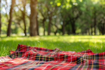 Red picnic blanket on green grass, trees in the background, bokeh background, concept of leisure, summer.