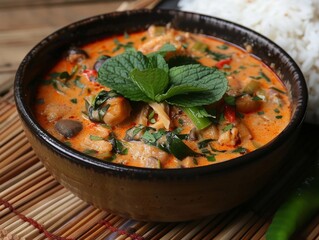 A bowl of red curry with chicken, vegetables and rice.