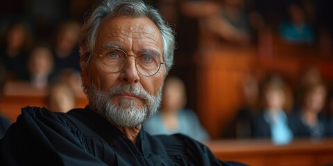 Obraz premium A senior Caucasian judge exuding confidence and fairness in a courthouse portrait.