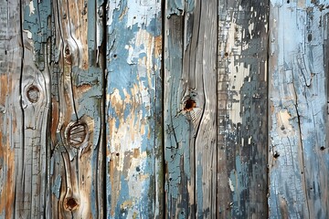 Distressed wooden planks with chipped paint and knots.