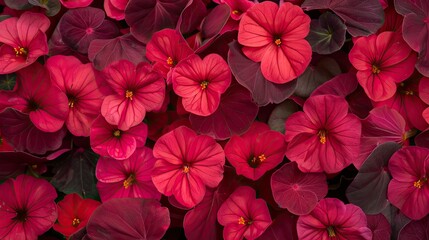 Obraz premium Vibrant close-up of red blooming flowers with lush green leaves in a garden, showcasing natural beauty and intricate details.
