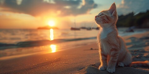An adorable orange kitten sits on the sandy ocean shore, enjoying the sunset view.