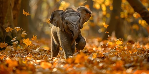 In the autumn woods, a baby elephant calf plays among yellow leaves, embodying the joy of wildlife.
