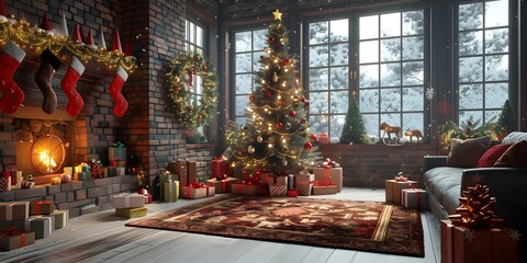 A Christmas tree decorated by the fireplace