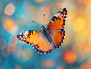 a close up of a butterfly flying in the air with a blurry background of blue, yellow, and orange