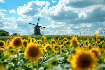 Field of sunflowers with windmill in the background.